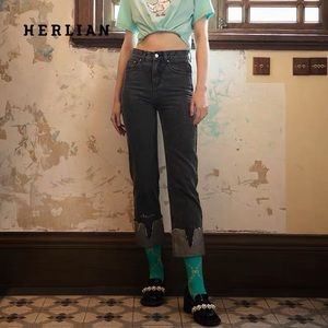 HERLIAN - Women's Turned-Up Straight Jeans - Gray - Denim - Jeans